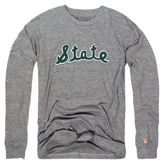 Gray long sleeved T-shirt with a large script "State" logo in green lettering outlined in white, centered on the front of the shirt.