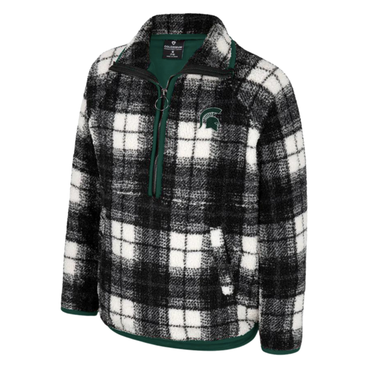 A black and white, plaid patterned Sherpa half-zip jacket with green lining. On the left upper chest is a green Spartan Helmet logo. 