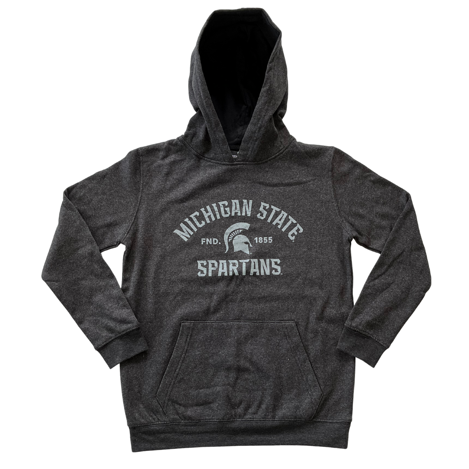 A gray hooded sweatshirt with "Michigan State Spartans" written in white on the torso. In the middle of the text is a white Spartan Helmet logo and the text "Fnd. 1855."