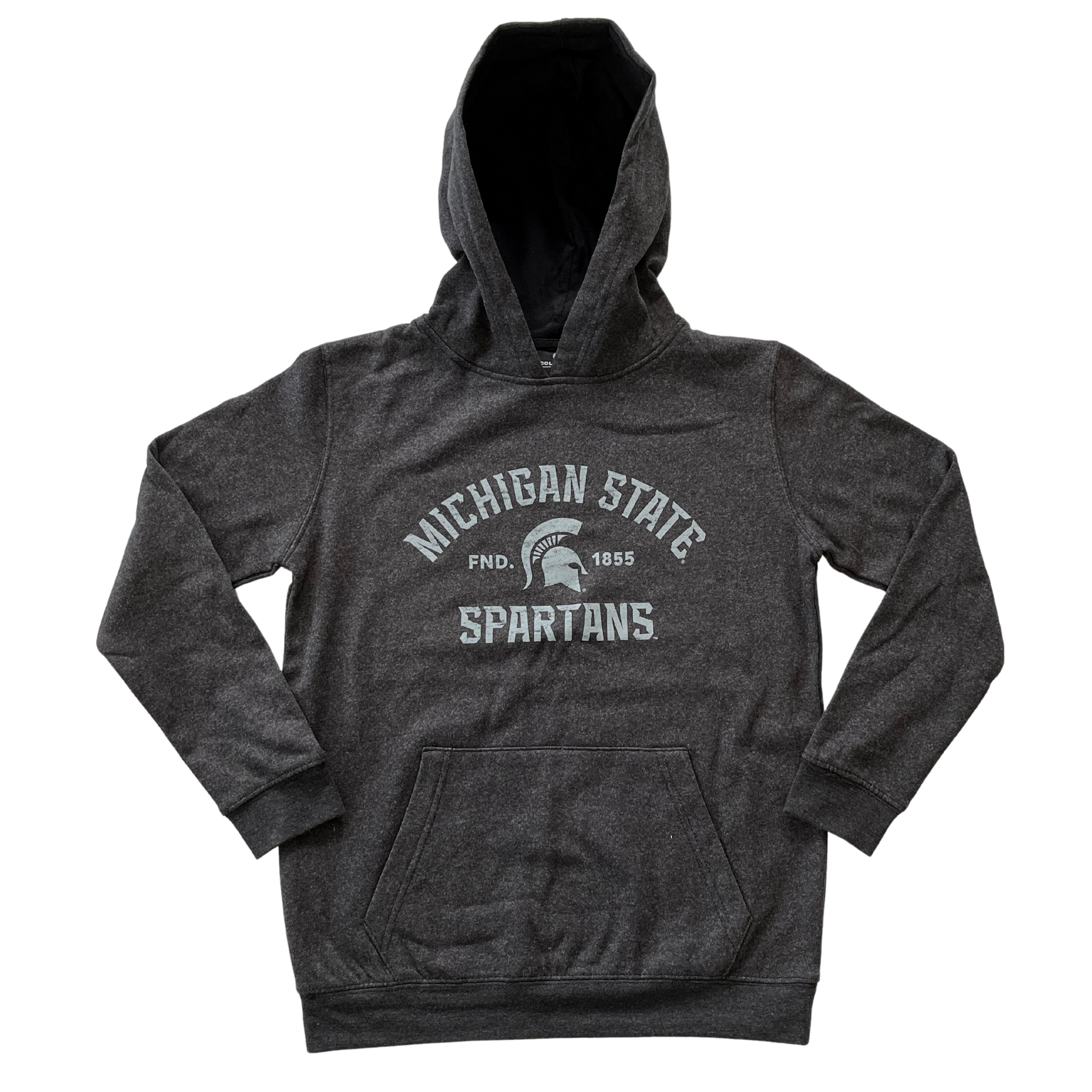 A gray hooded sweatshirt with Michigan State Spartans written in white on the torso. In the middle of Michigan State and Spartans is a white MSU spartan helmet logo and the words "Fnd 1855"