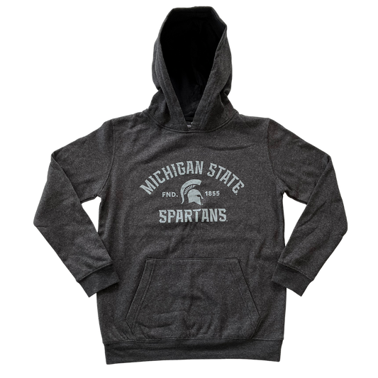 A gray hooded sweatshirt with "Michigan State Spartans" written in white on the torso. In the middle of the text is a white Spartan Helmet logo and the text "Fnd. 1855."