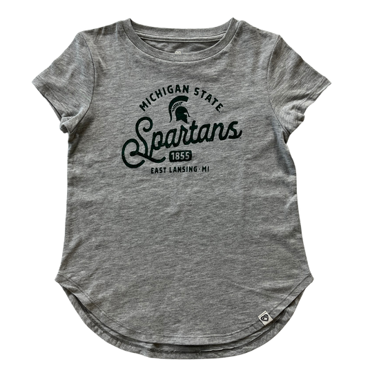 A gray youth T-shirt with the text "Michigan State Spartans: 1855, East Lansing, MI" printed on and a Spartan Helmet logo on the torso.