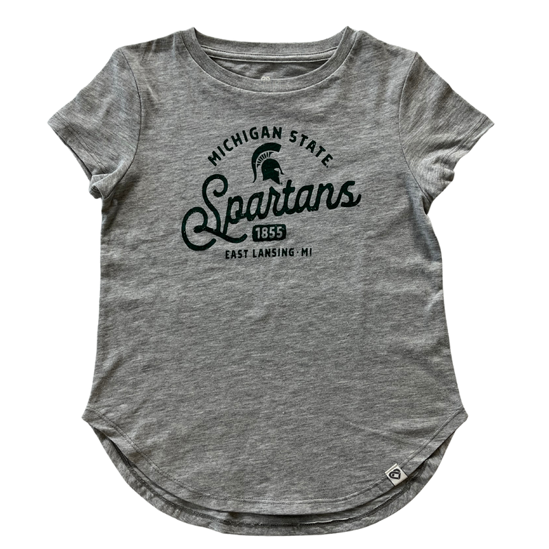 A gray youth tee shirt with the words "Michigan State Spartans: 1855, East Lansing, MI" and a Spartan helmet logo on the torso.