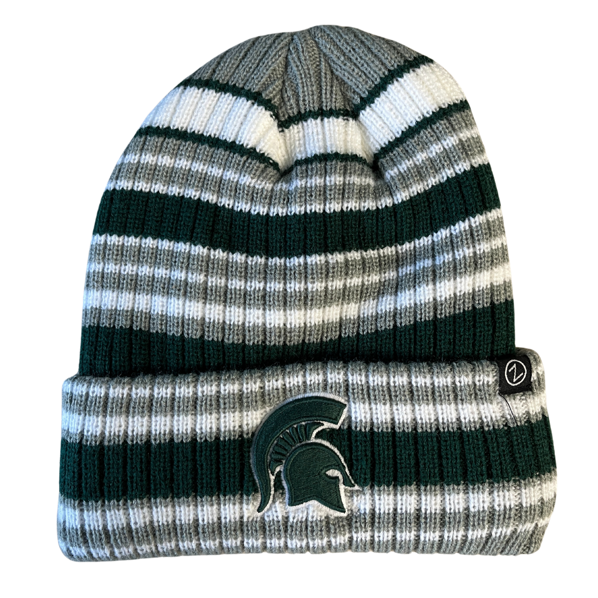 Gray beanie with alternating green and white horizontal stripes of varying sizes, with a green Spartan helmet on the cuff.