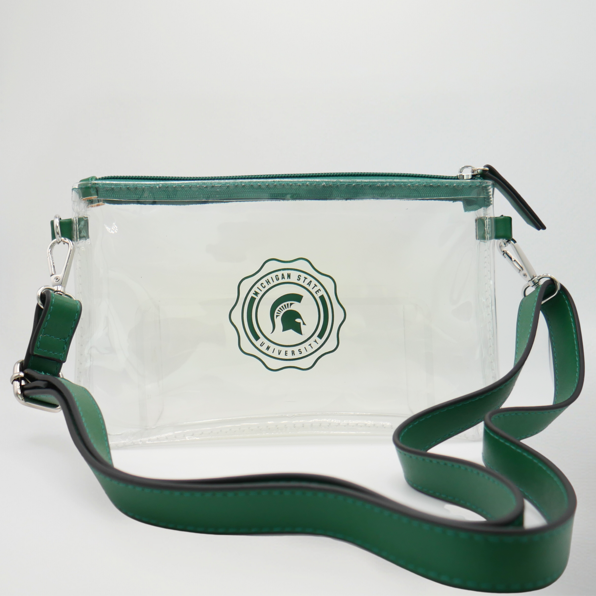 Clear pouch with a green strap and Michigan State University logo. Shown on a white background. 