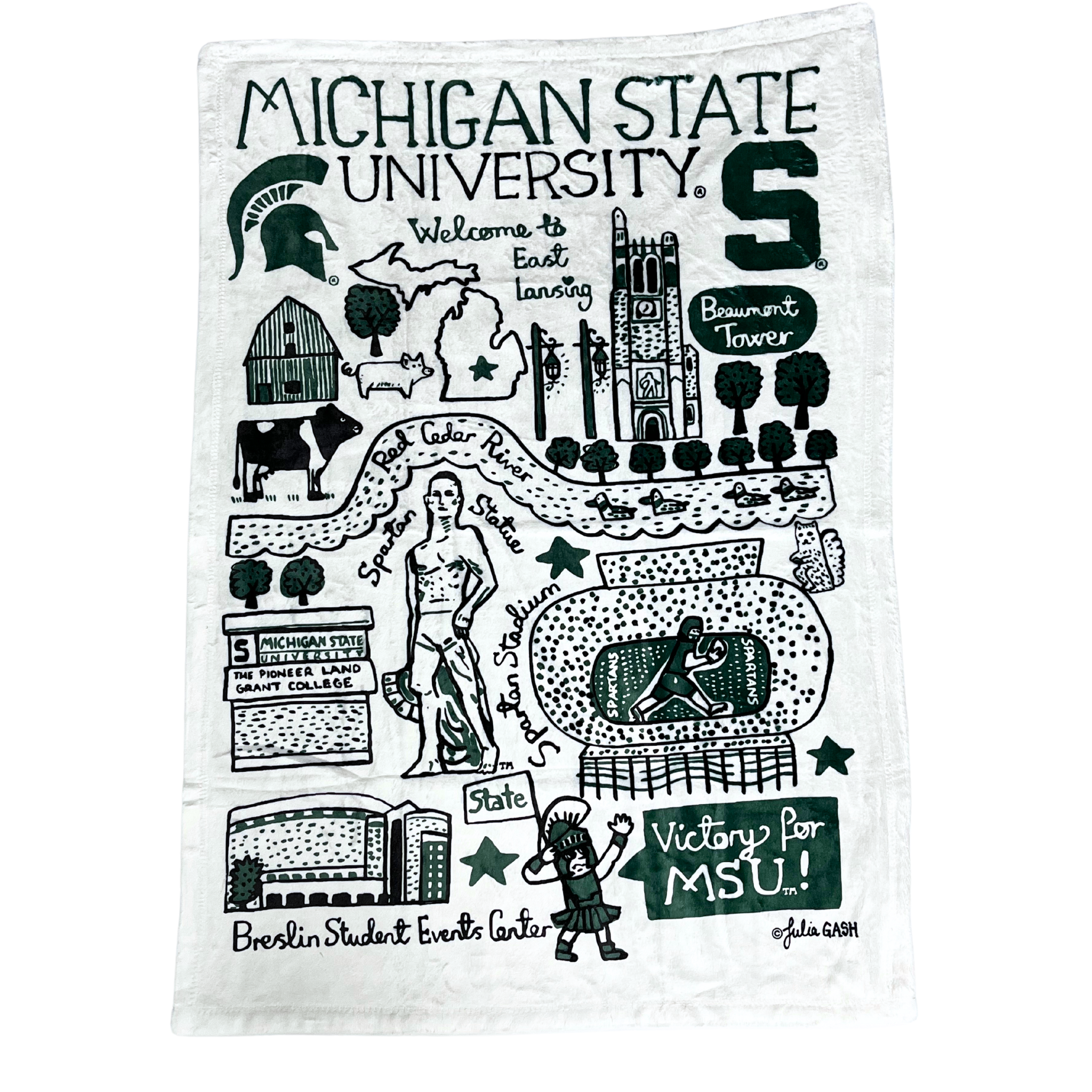 A white, plush fleece blanket measuring 30 inches wide and 40 inches high. On the blanket are multiple drawings of various Michigan State University landmarks.