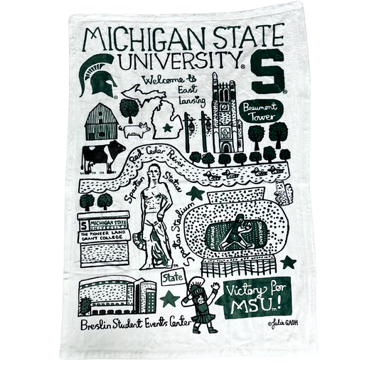 A white, plush fleece blanket measuring 30 inches wide and 40 inches high. On the blanket are multiple drawings of various Michigan State University landmarks.