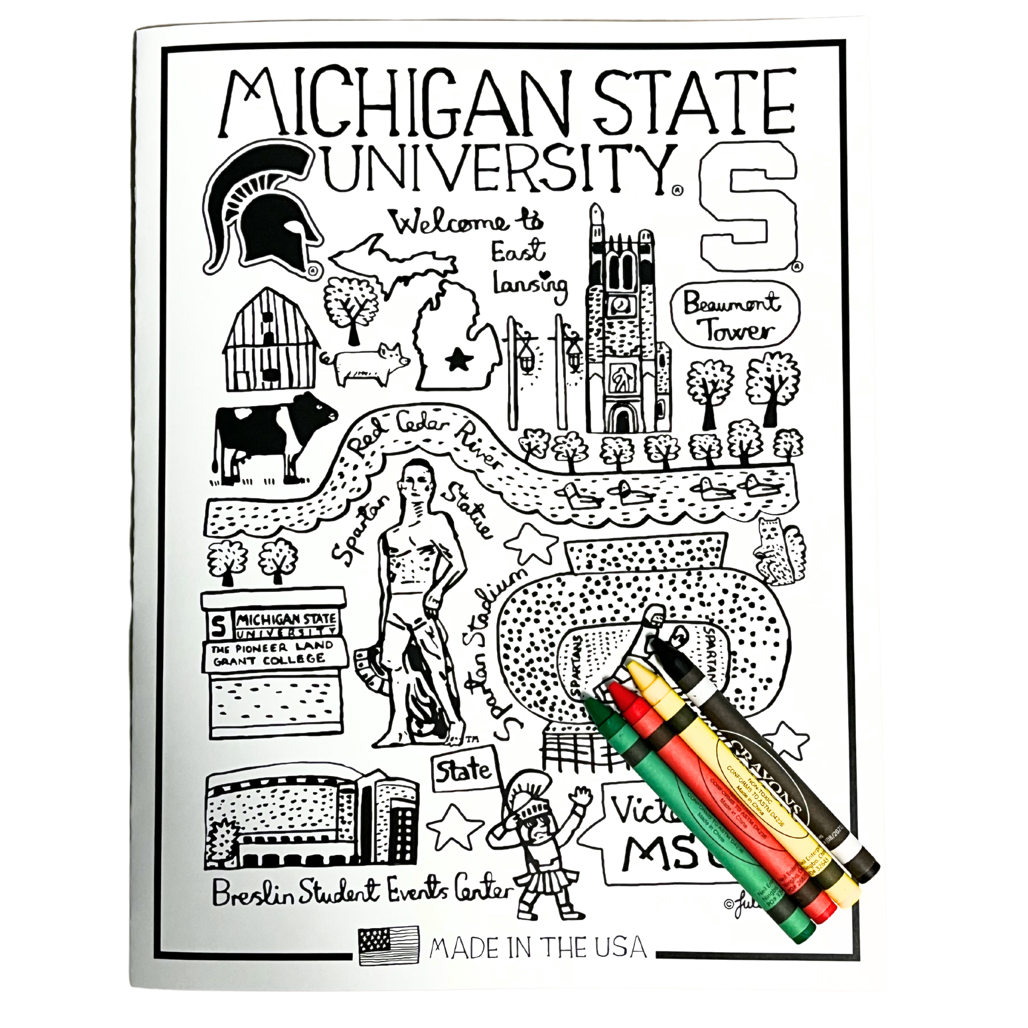 A white, paper card stock coloring book with black outlines of various Michigan State University landmarks. The coloring book comes with green, red, yellow, and black crayons. 