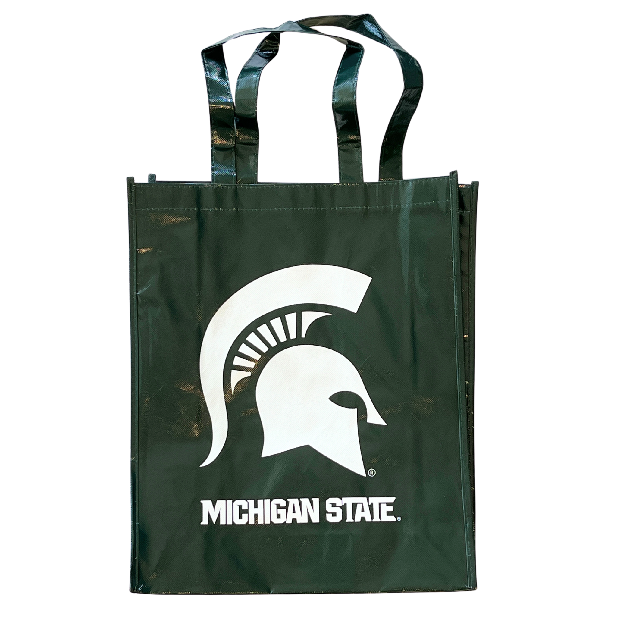 A dark green re-usable laminated tote bag. On the side of the bag read "Michigan State" in white with a large, white MSU spartan helmet logo above the text. 