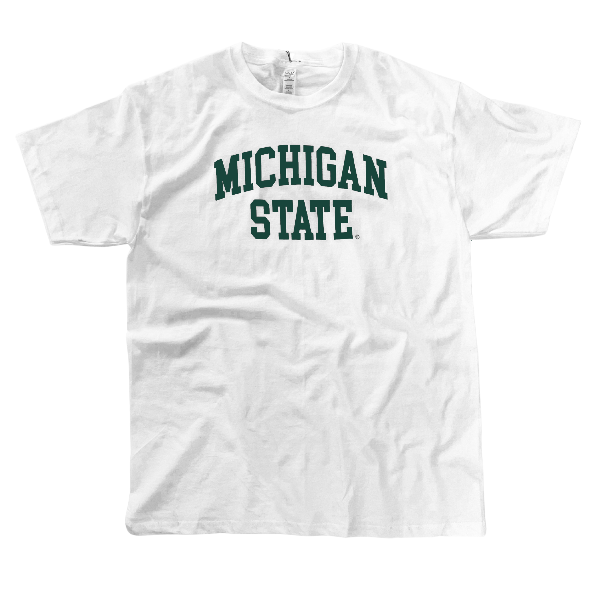 White crewneck t-shirt with short sleeves. Centered on the chest, dark green block letters "Michigan State" across two lines, where “Michigan” is slightly arched.