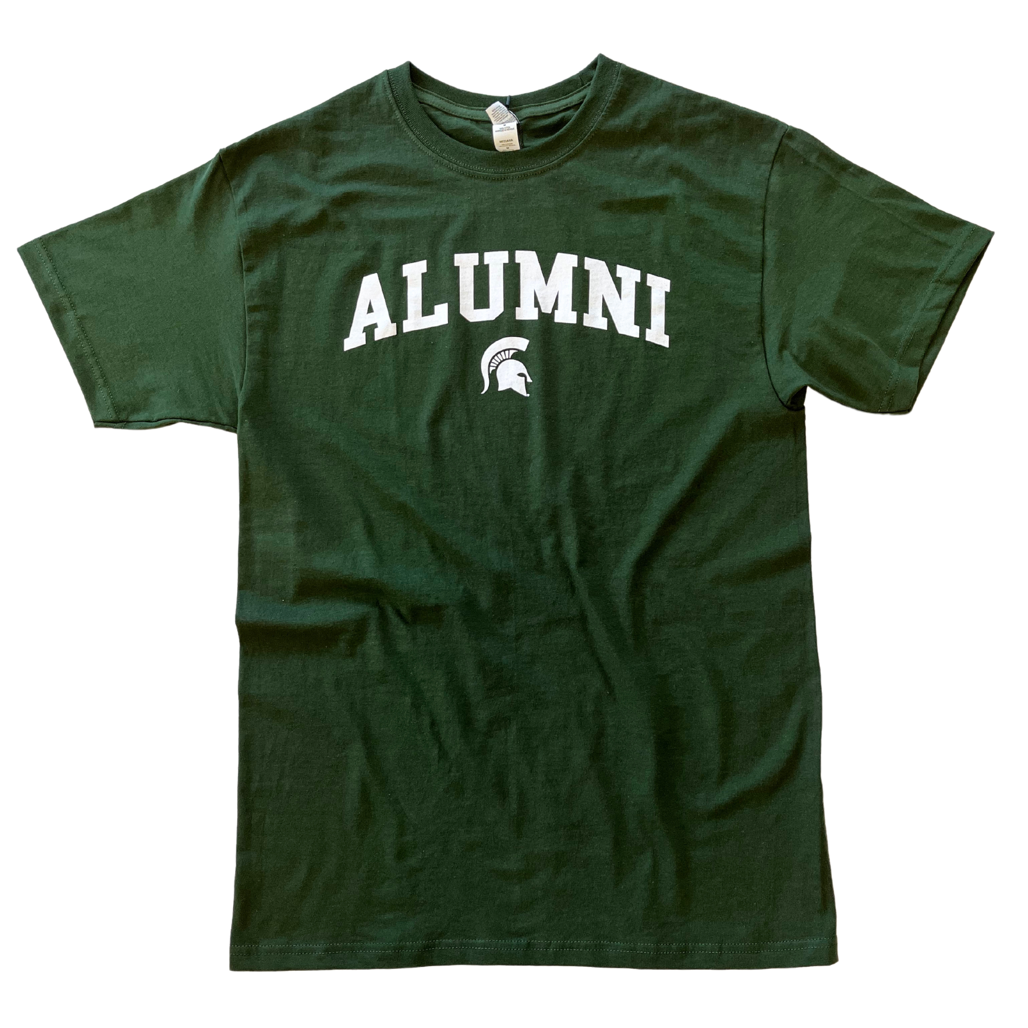 Forest green crewneck t-shirt with short sleeves. Centered on the chest, white block letters read “alumni” in a slight arch over a small white Spartan helmet.