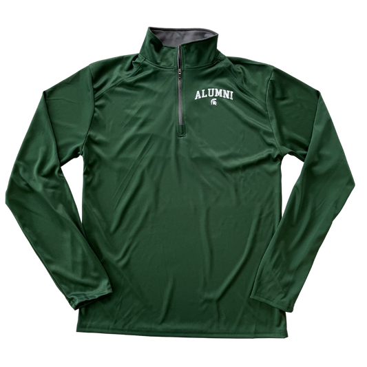 Forest green quarter-zip jacket with faux raglan stitching on the shoulder area and a standing collar. On the left chest, white block letters read “alumni” in a slight arch over a small white Spartan Helmet logo.