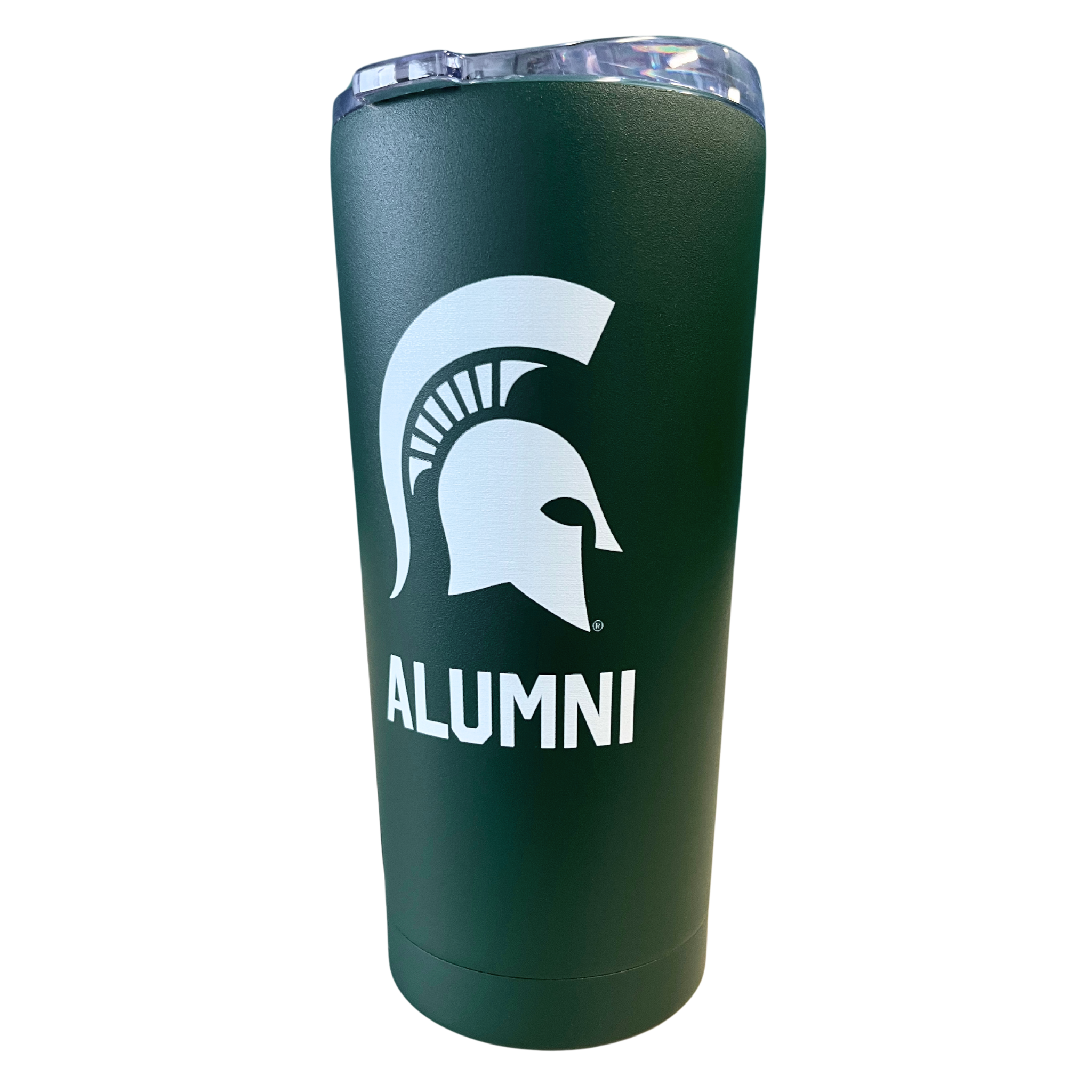 A dark green stainless steel tumbler with a white Michigan State Spartan helmet logo on the side. Underneath the logo in white, capital letters is the word Alumni.