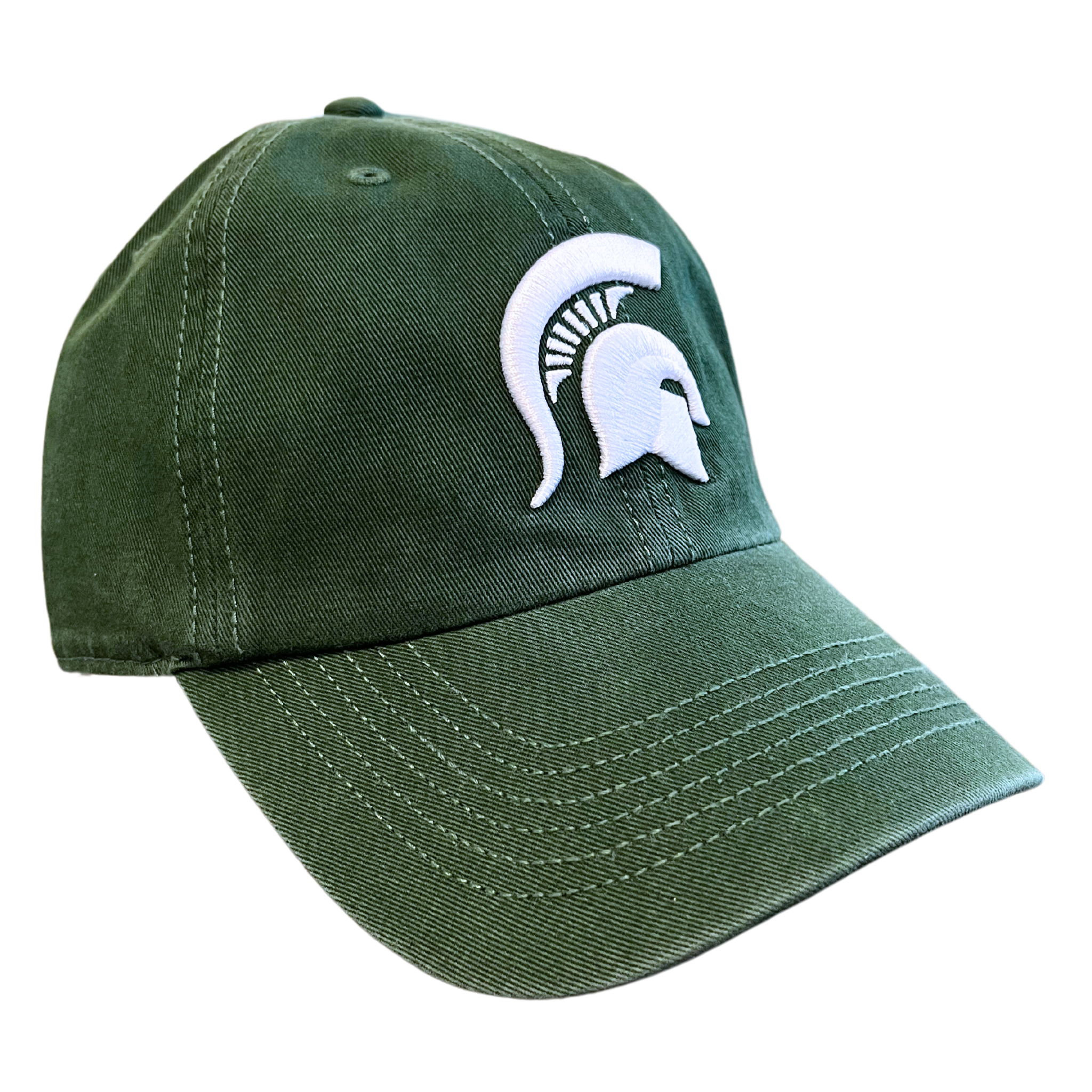 An angled view of a dark green ball cap with a white Michigan State spartan helmet logo embroidered on the center face of the hat. 