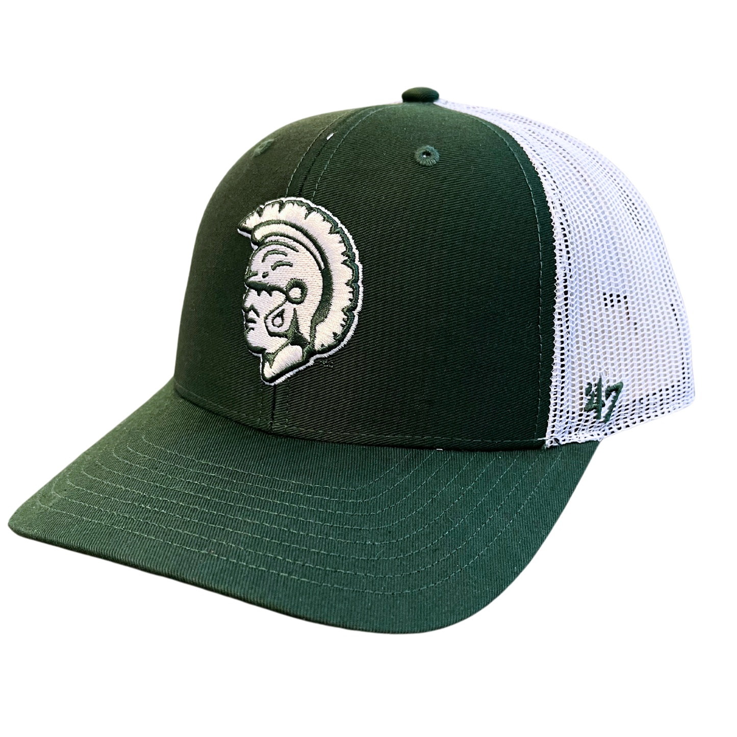 A trucker hat with a green front and white back. On the front of the hat is a vintage Michigan State Spartan head logo. 