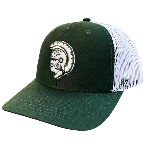 A trucker hat with a green front and white back. On the front of the hat is a vintage Michigan State Spartan head logo. 