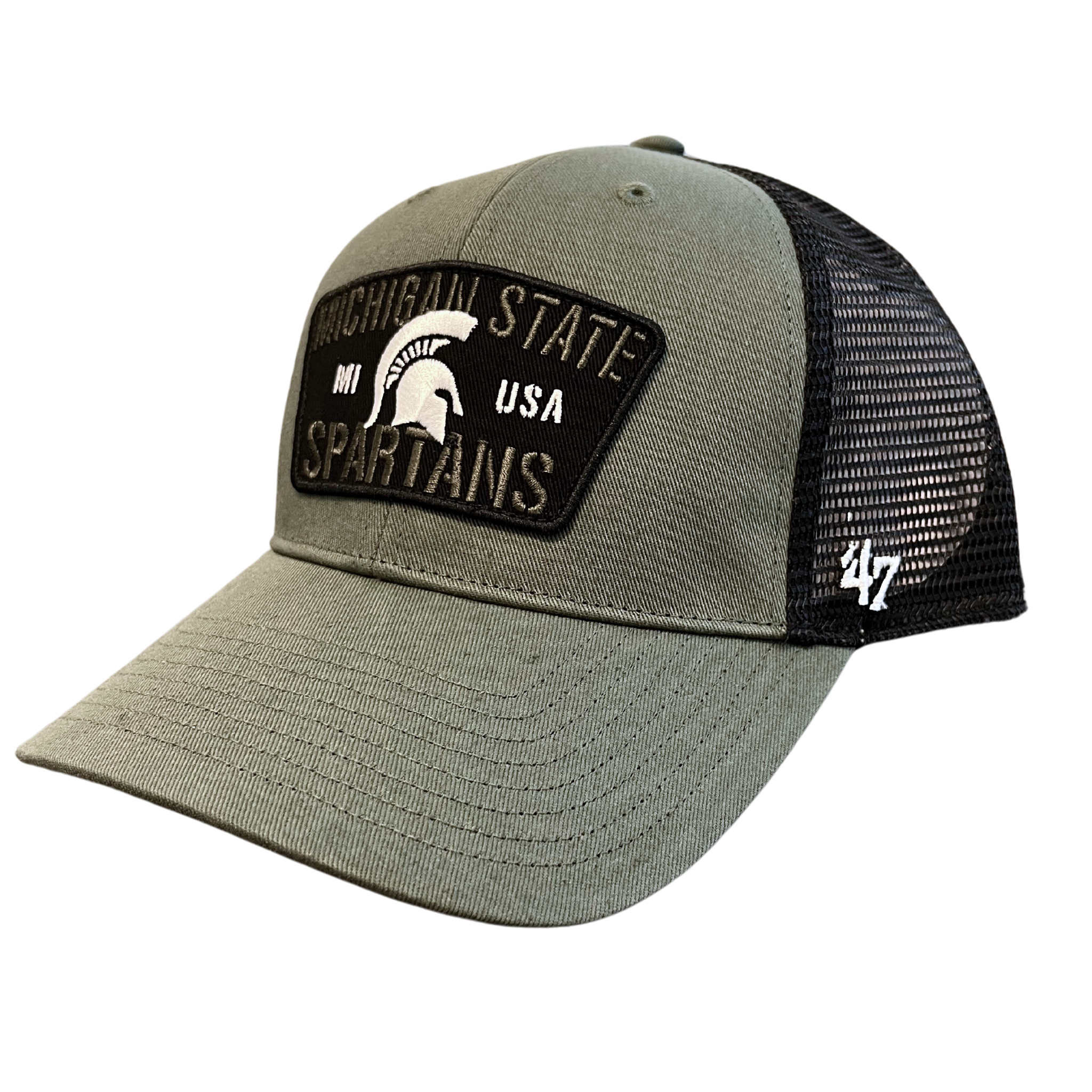 A moss green trucker hat with a black netted back. The graphic on the hat reads "Michigan State Spartans" in moss with MI, USA, and a spartan helmet logo centered in white. 