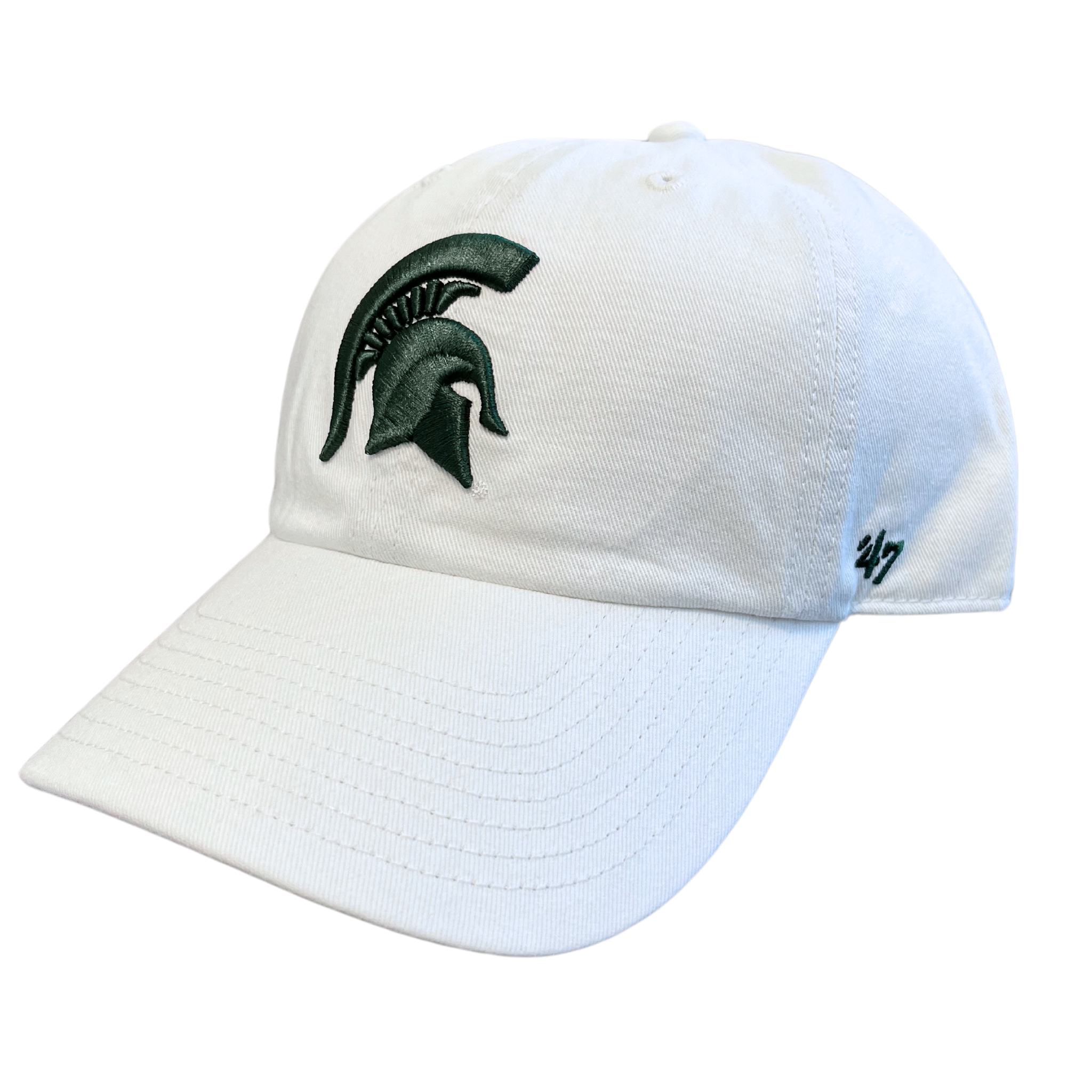 An angled view of a white ball cap with a dark green Michigan State spartan helmet logo embroidered on the center face of the hat. On the left temple panel is a dark green embroidered '47 logo