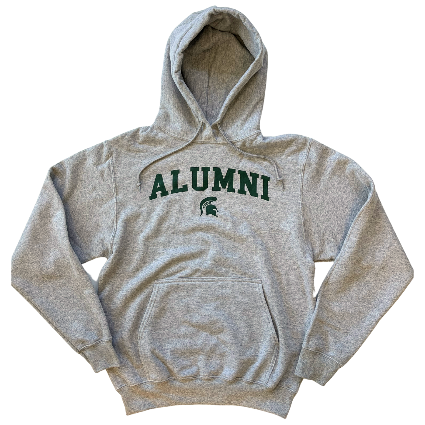 A gray hooded  and drawstring sweatshirt with the word "Alumni" written across the center in green. Underneath the word "Alumni" is a small, green Spartan Helmet logo.