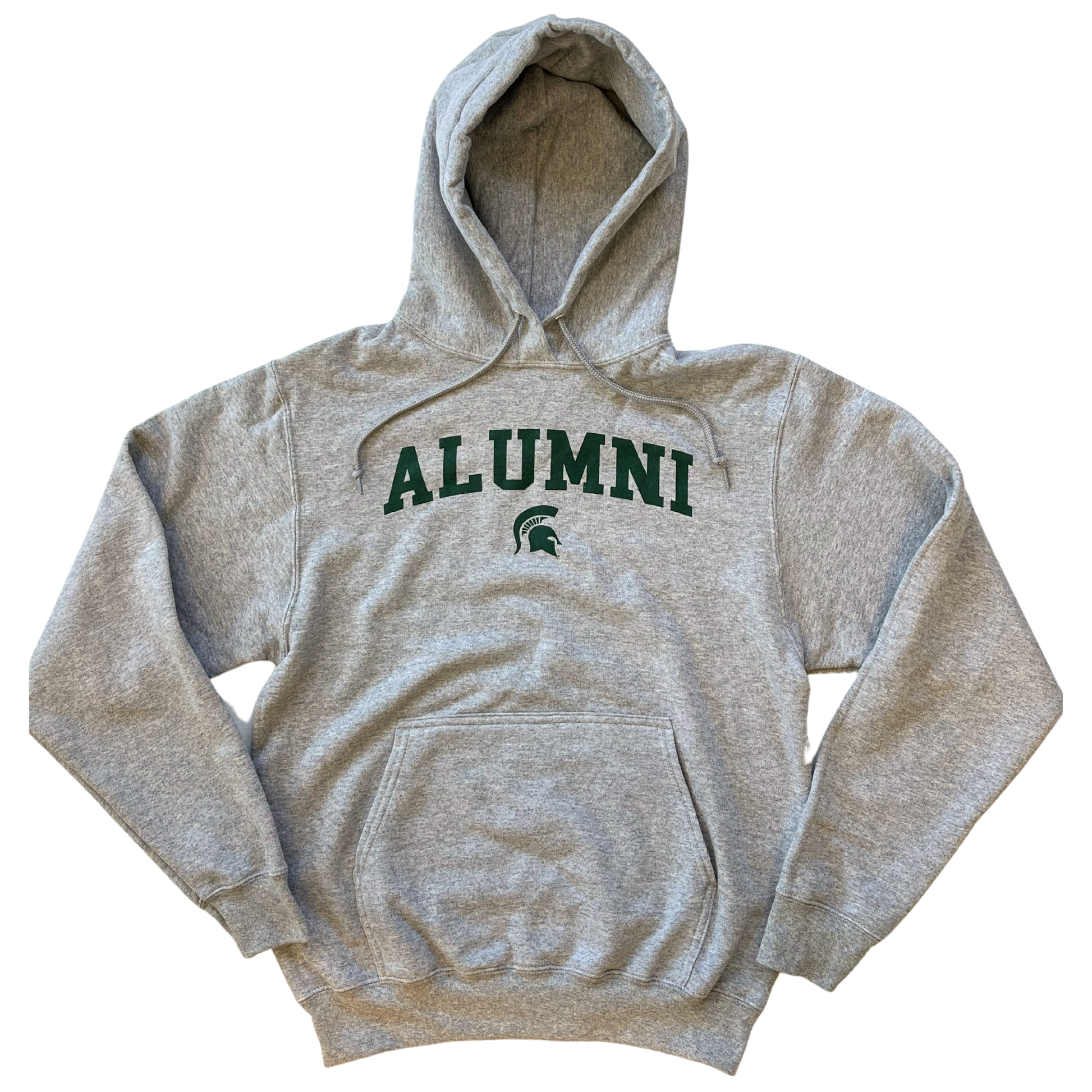 A gray hooded  and drawstring sweatshirt with the word "Alumni" written across the center in green. Underneath the word "Alumni" is a small, green Spartan Helmet logo.