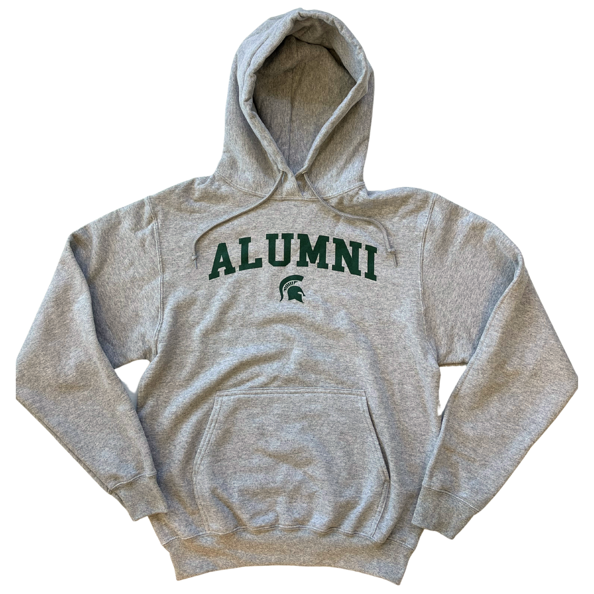 A gray hooded sweatshirt with the word "Alumni" written across the center in green. Underneath the word "Alumni" is a small, green MSU Spartan helmet logo.