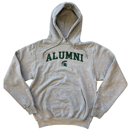 A gray hooded  and drawstring sweatshirt with the word "Alumni" written across the center in green. Underneath the word "Alumni" is a small, green Spartan helmet logo.