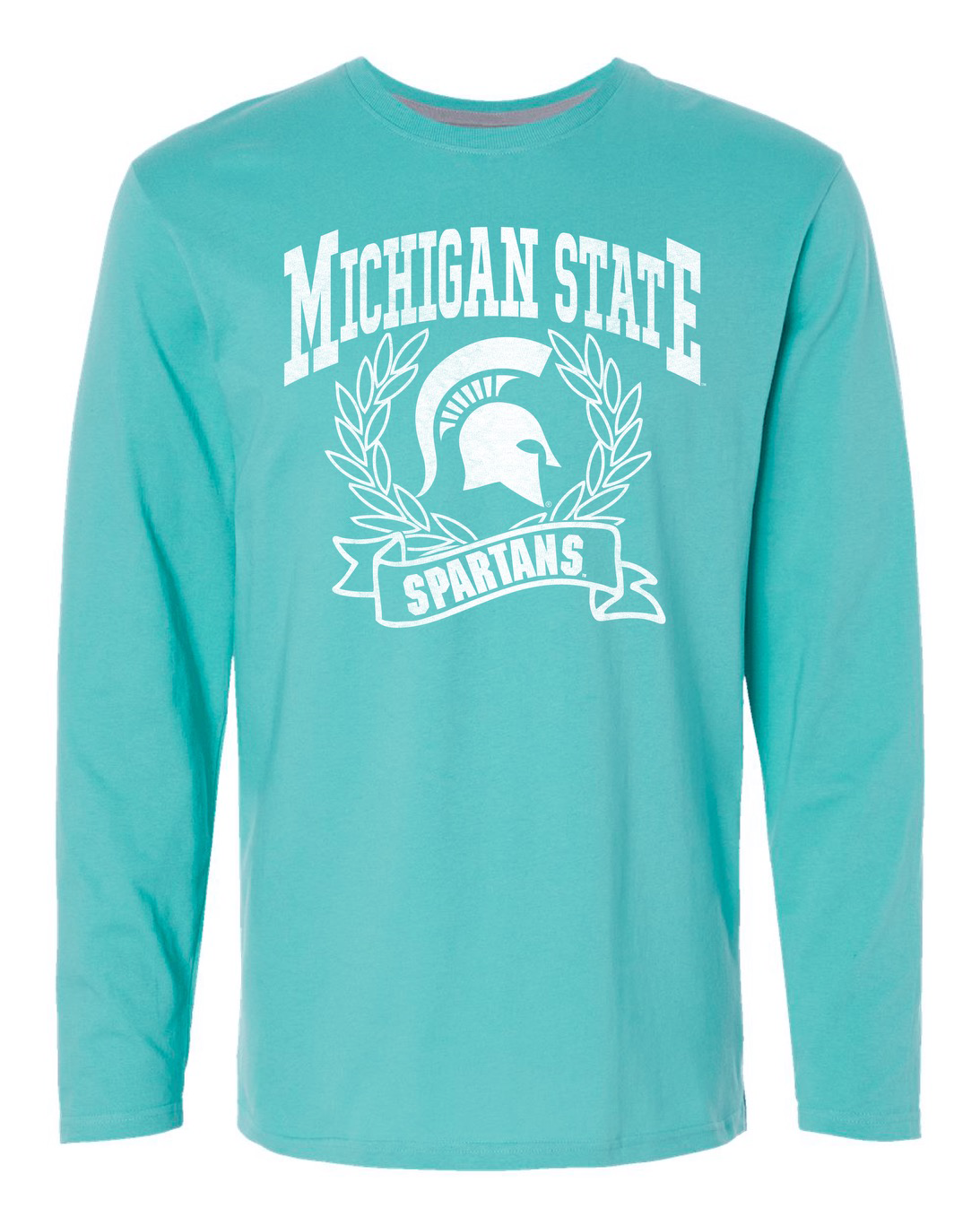 A mint green long sleeve t-shirt with Michigan State Spartans front center design in white. A wreath surrounds a white MSU spartan helmet logo. 