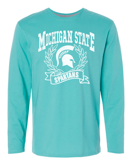 A mint green long sleeve T-shirt with Michigan State Spartans front center design in white. A wreath surrounds a white Spartan Helmet logo. 