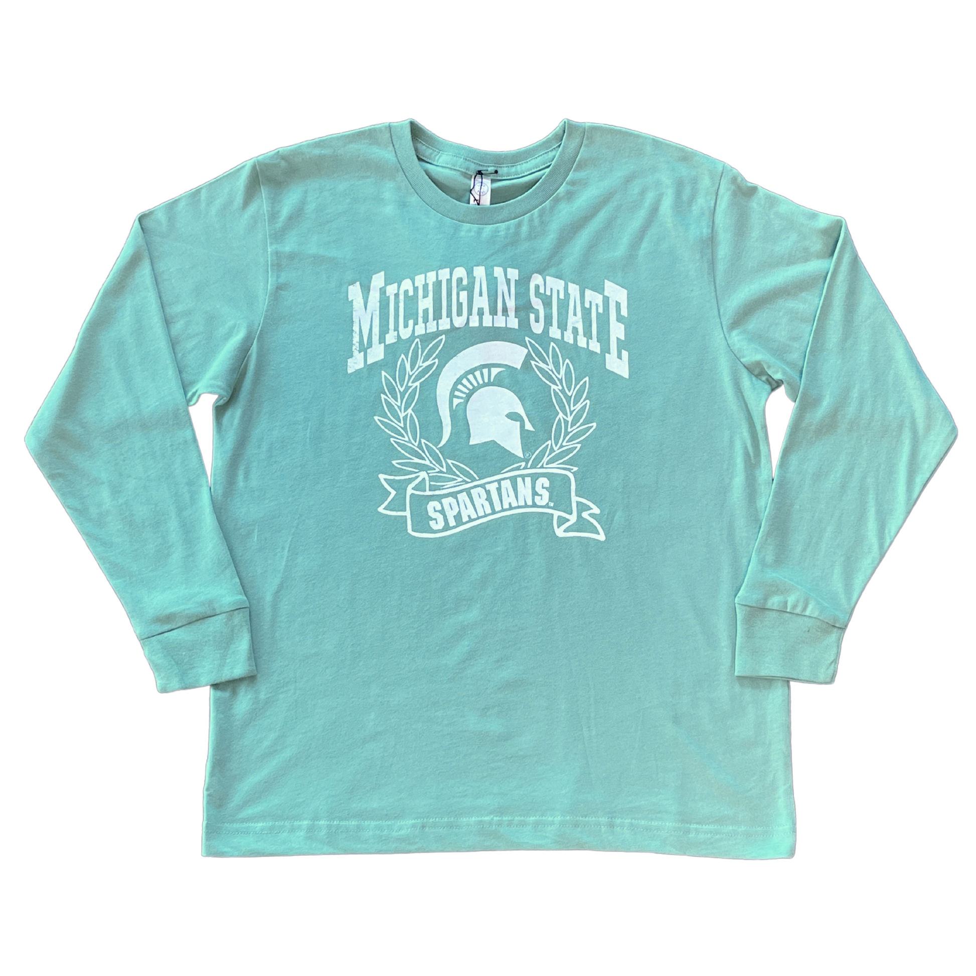 A mint green long sleeve T-shirt with Michigan State Spartans front center design in white. A wreath surrounds a white Spartan Helmet logo. 