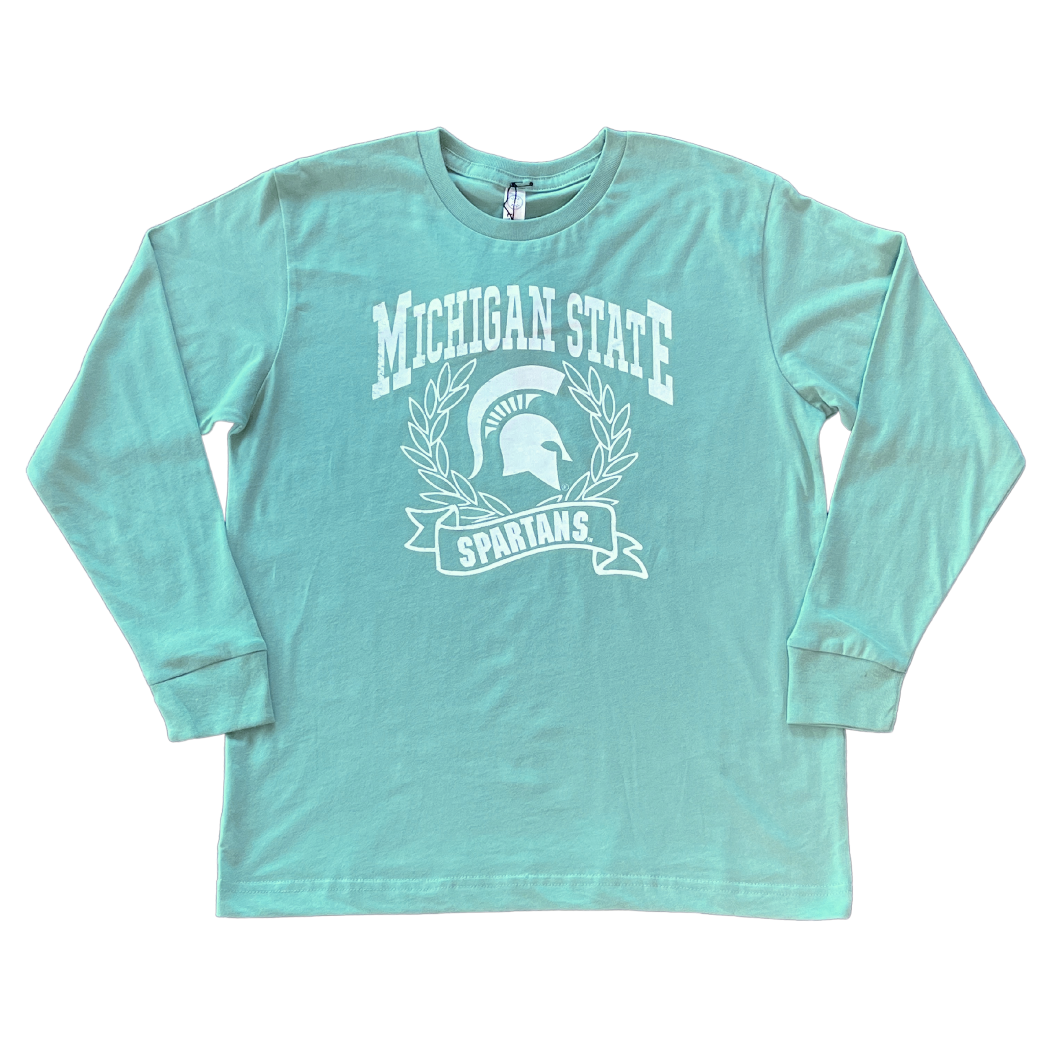 A mint green long sleeve t-shirt with Michigan State Spartans front center design in white. A wreath surrounds a white MSU spartan helmet logo. 