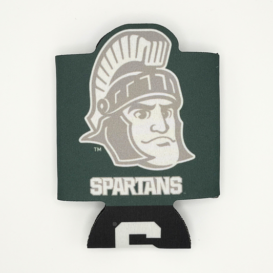 The side of a 12 fluid ounce beverage insulator in dark green with a gray Sparty head logo and the word "Spartans" written on it.