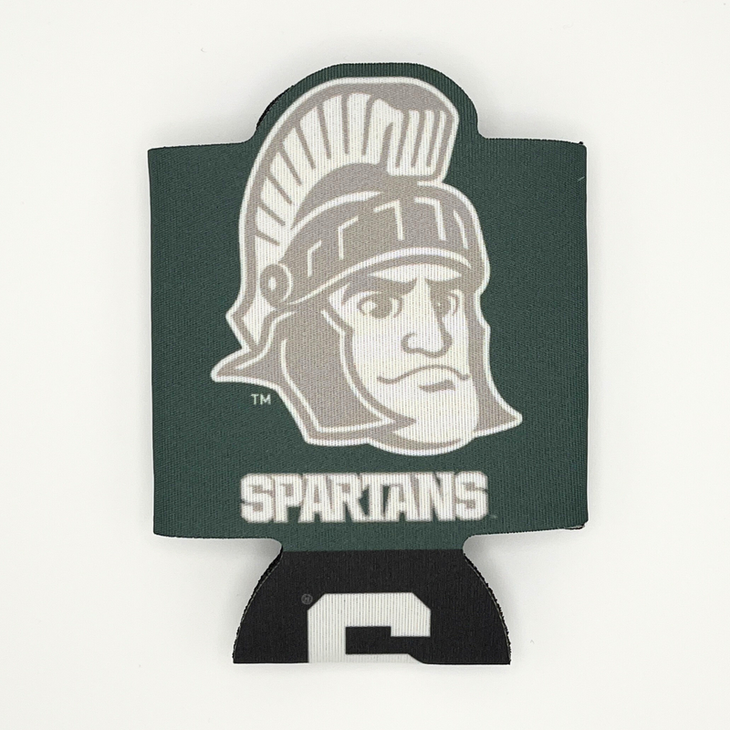 The side of a 12 fluid ounce beverage insulator in dark green with a gray Sparty head logo and the word "Spartans" written on it.
