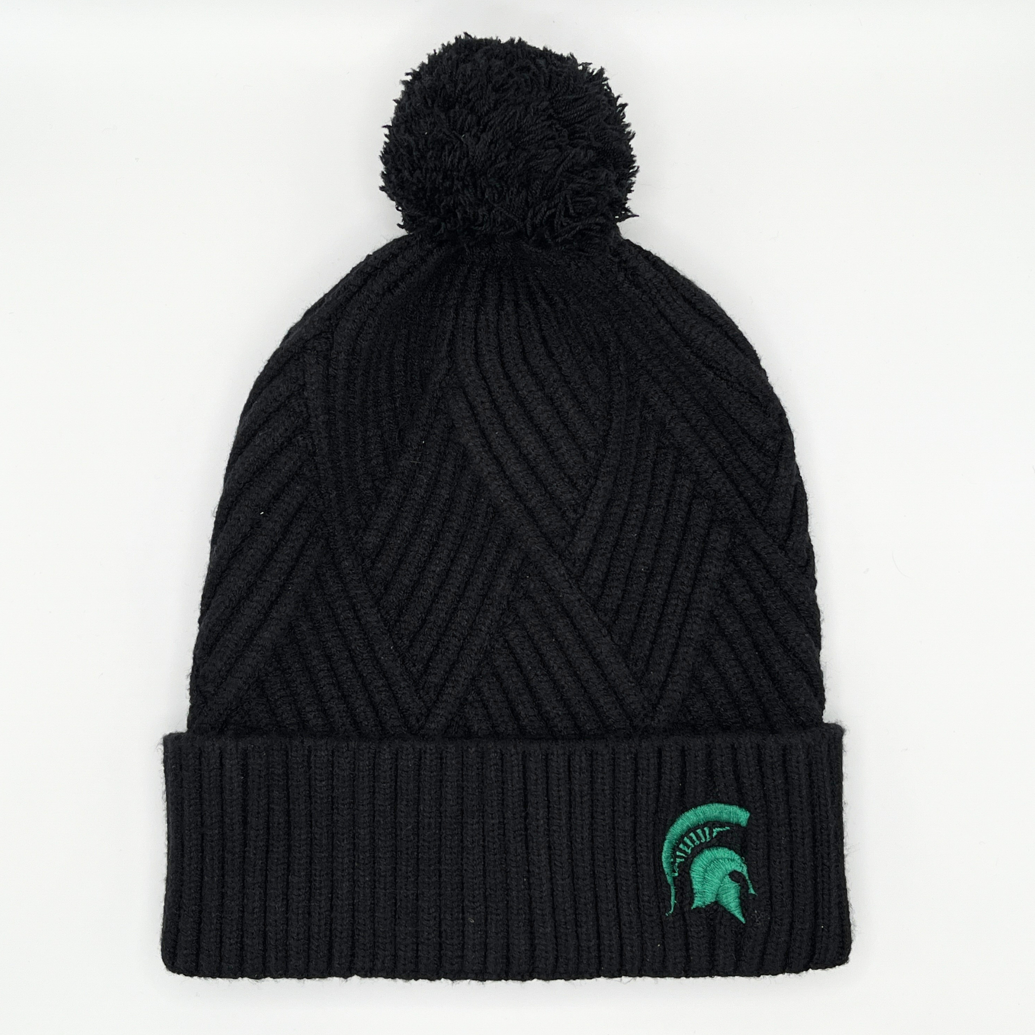 Black beanie with pom-pom and a green Spartan helmet logo embroidered on the left lower side of the cuff.