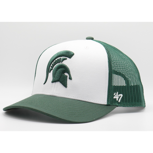 A trucker-style ball cap hat. The front half of the hat is white with a green bill. In the middle of the white center is a green Spartan Helmet logo. On the side of the hat there is an embroidered '47 brand logo. The back half of the hat is a green translucent mesh material.
