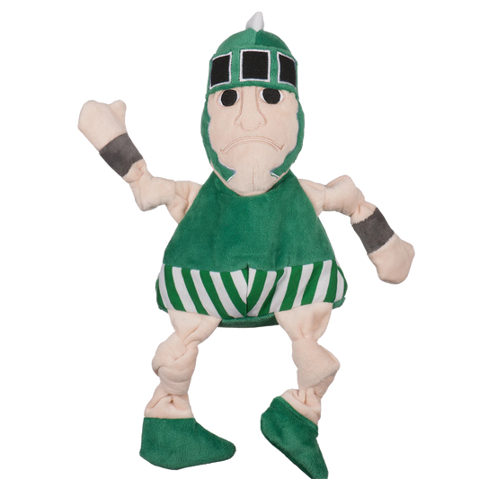 A plush dog toy that looks like the Michigan State University mascot, Sparty, with knotted arms and legs. 