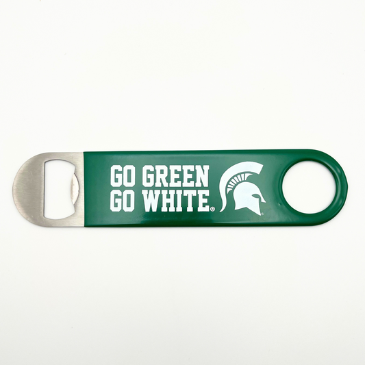 Green bottle opener with "Go Green Go White" text and Spartan Helmet logo.