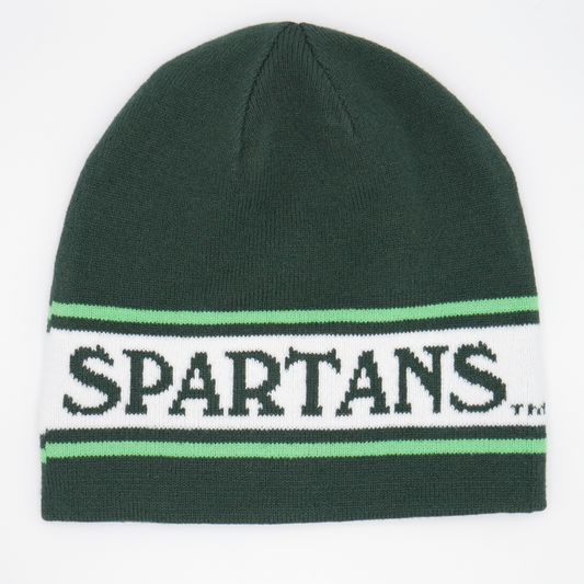 A dark green knitted beanie. Across the center of the beanie are two neon green lines. Between the lines is a larger white line with "Spartans" written in all caps inside in dark green. 