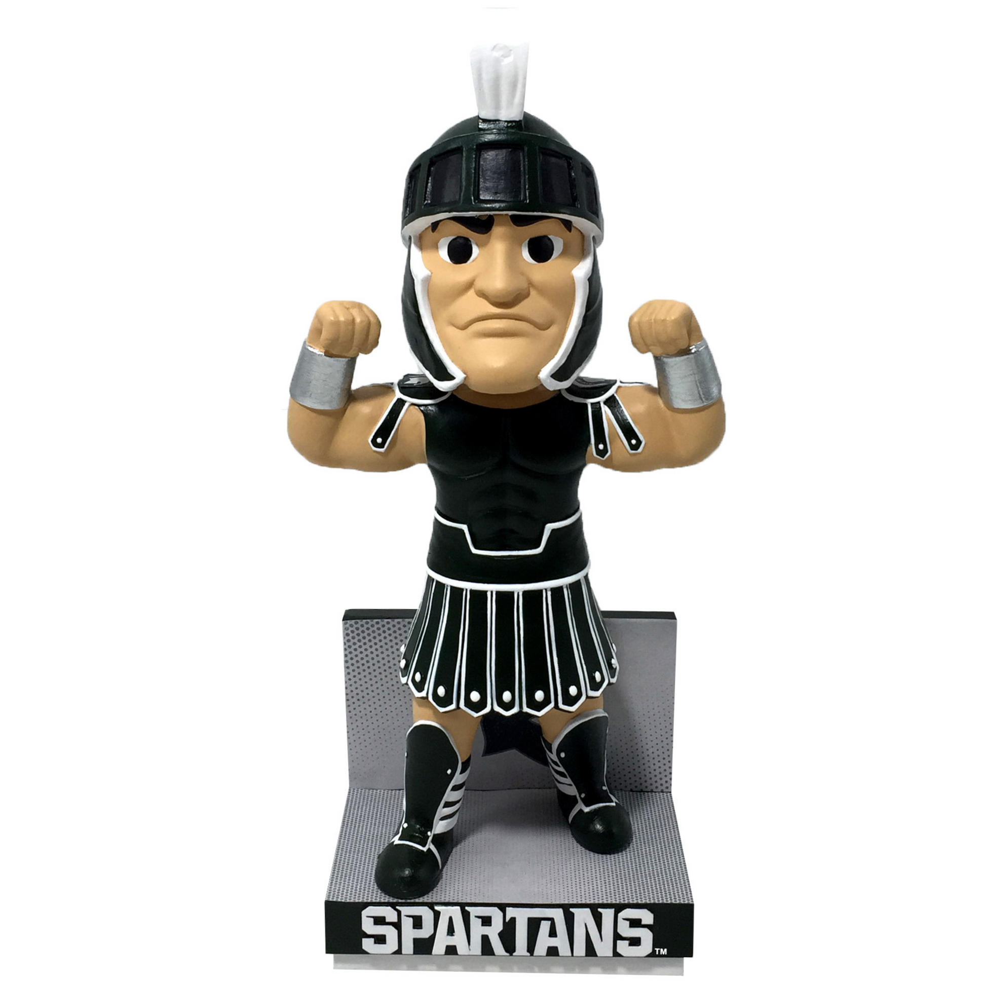 8 inch Sparty Mascot bobblehead flexing both arms. Sparty is on a gray stand with a dark green facade that has athletic font spelling out "Spartans" in all caps.