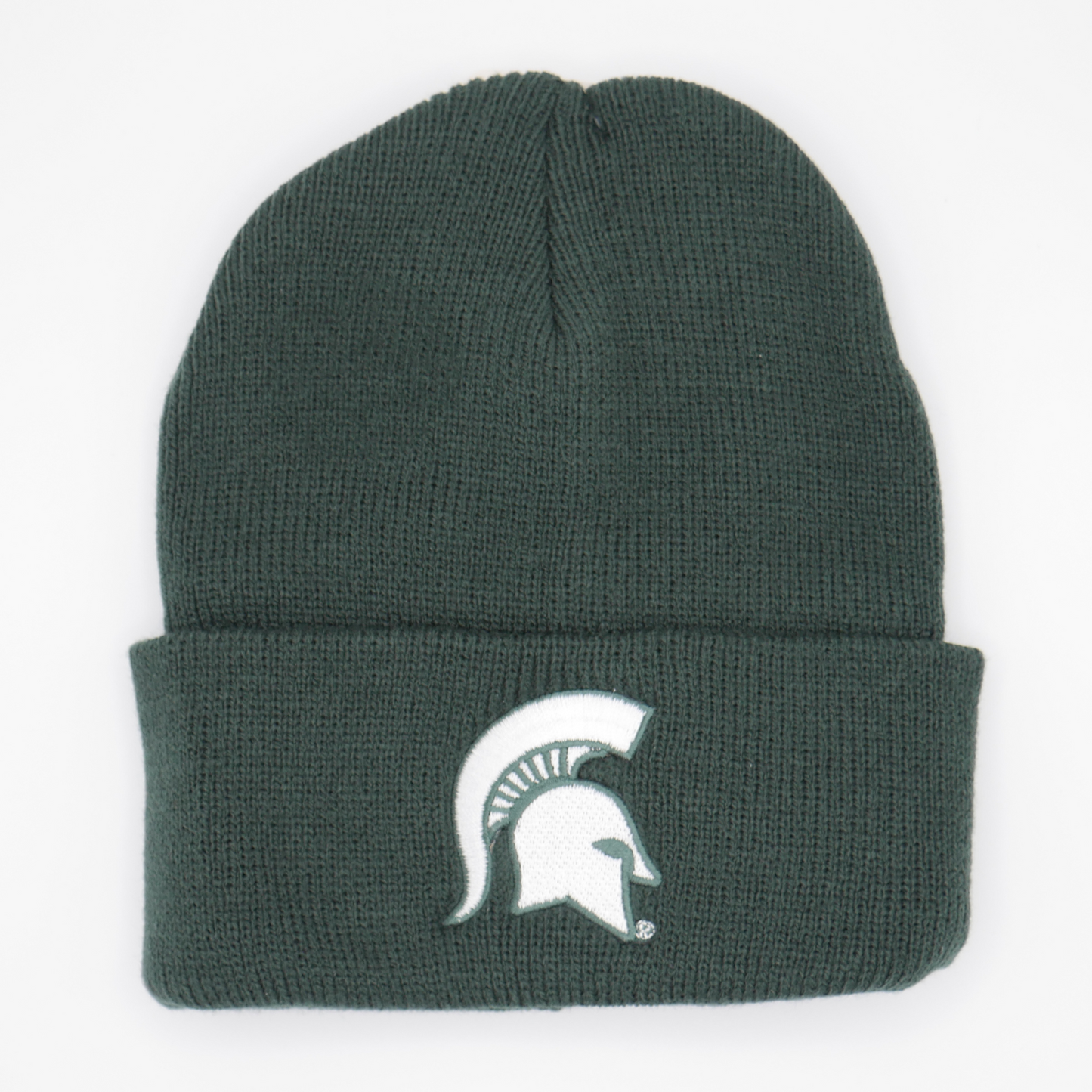 An infant green knit beanie hat with a white Spartan Helmet logo on the cuff of the beanie. 