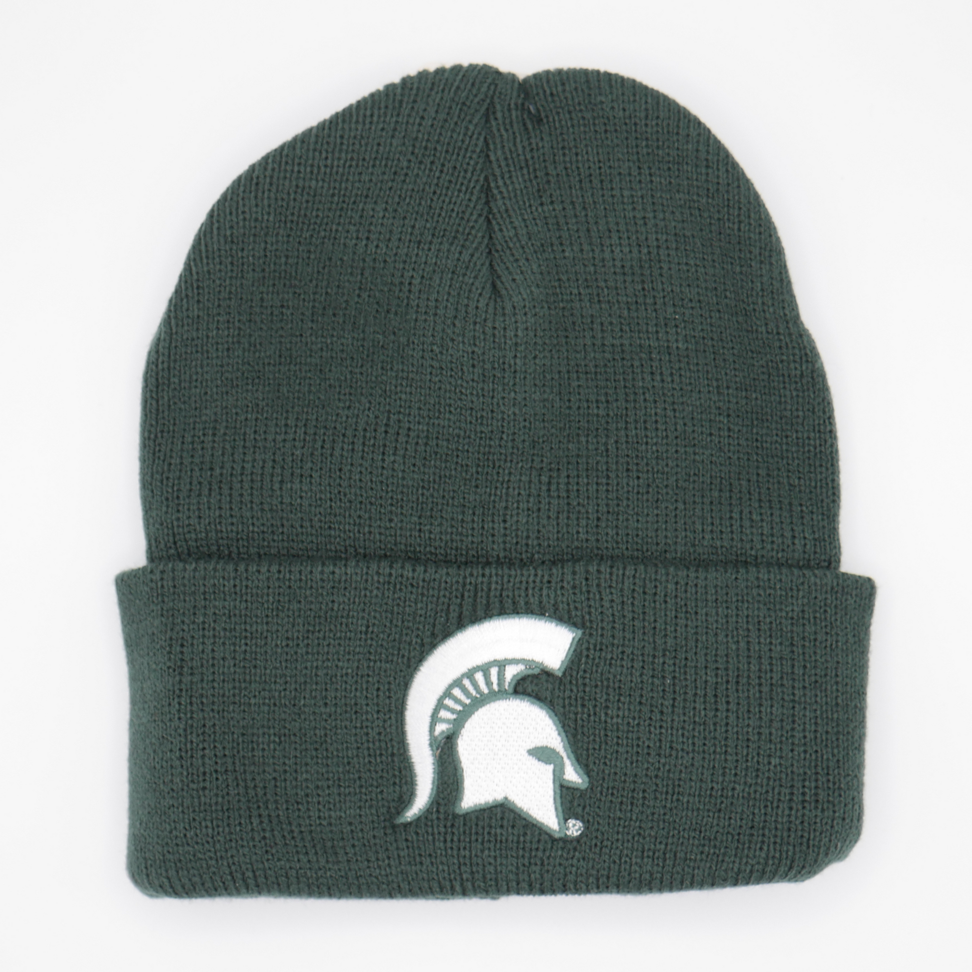 An infant green knit beanie hat with a white Spartan Helmet logo on the cuff of the beanie. 