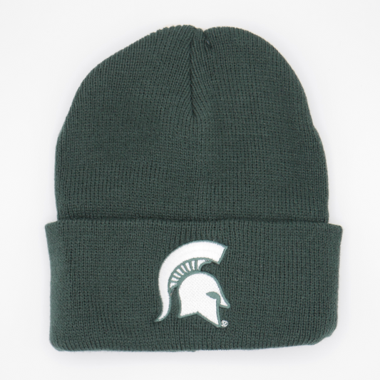 An infant green knit beanie hat with a white Spartan Helmet logo on the cuff of the beanie. 