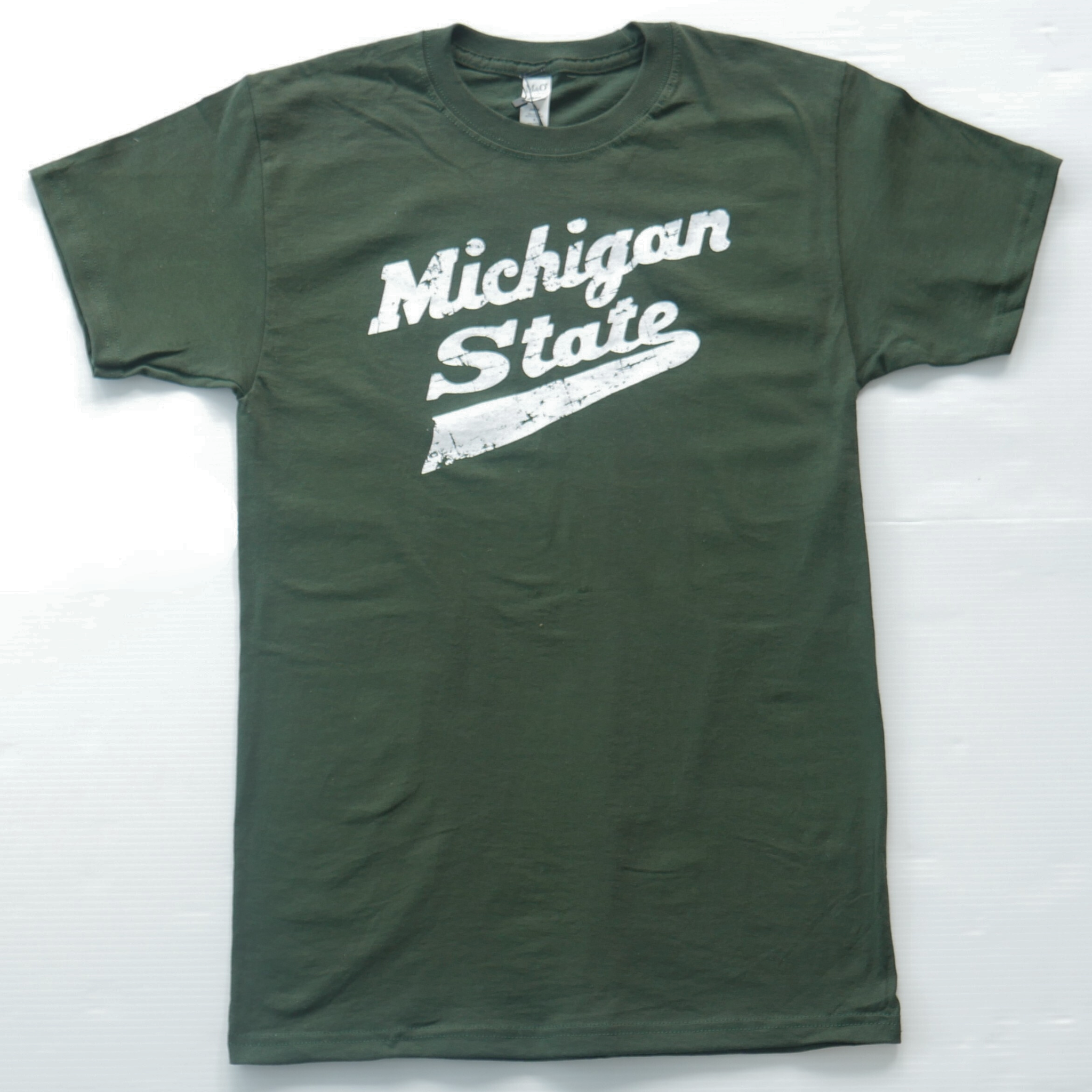 Front of green short sleeve t-shirt with white Michigan State Hockey cursive font on center. 