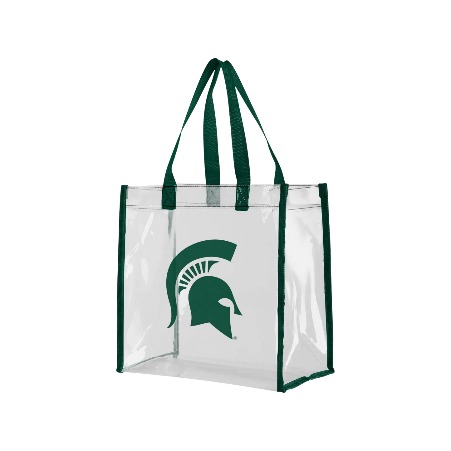Three-quarter view of a clear tote bag with green fabric on the seams that match the upright handles. A green Spartan Helmet is printed on the center of the front panel.