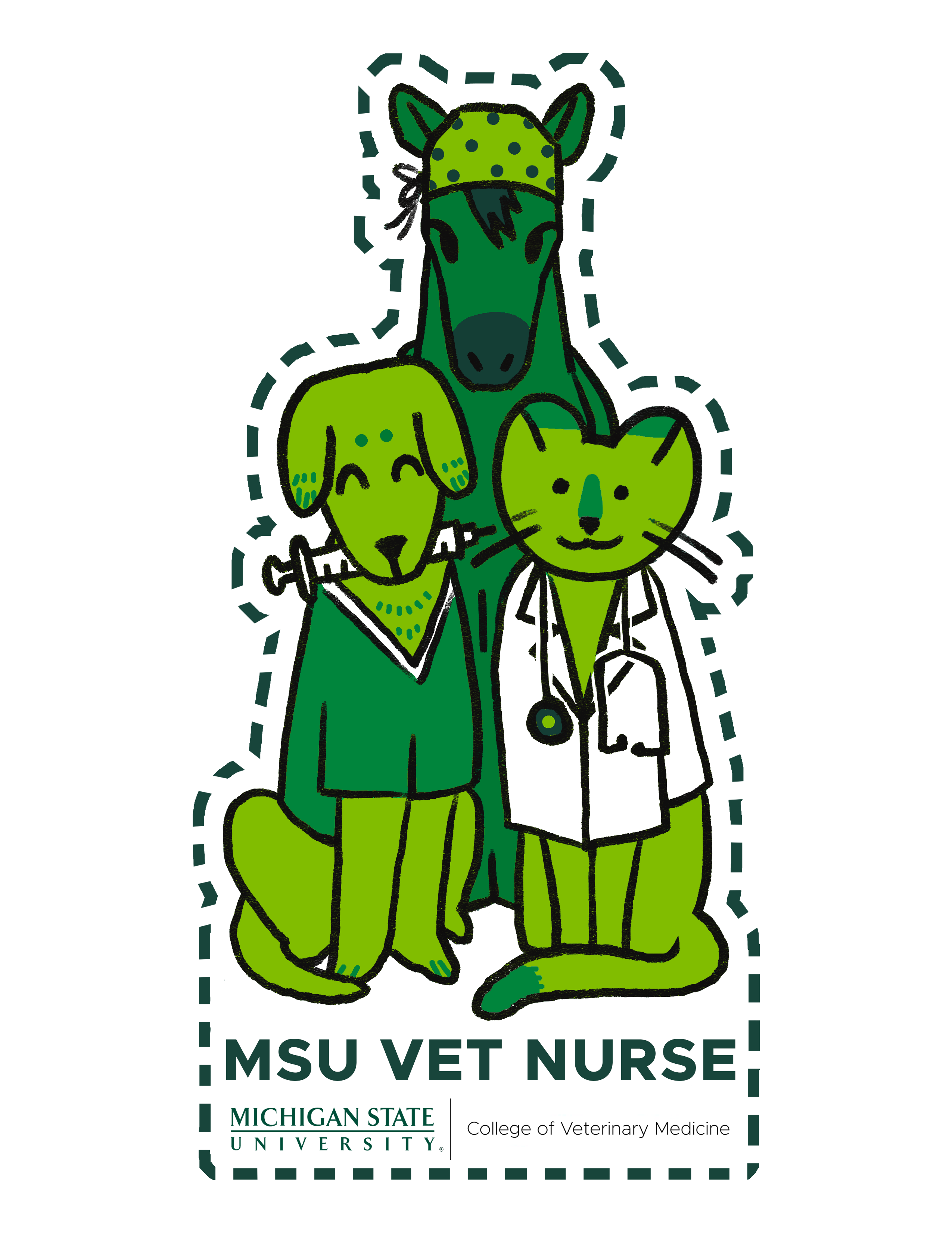 A sticker of a green dog, cat and horse. Below them are the words "Future MSU Vet Nurse". Underneath that is the Michigan State University College of Veterinary Medicine signature logo. 