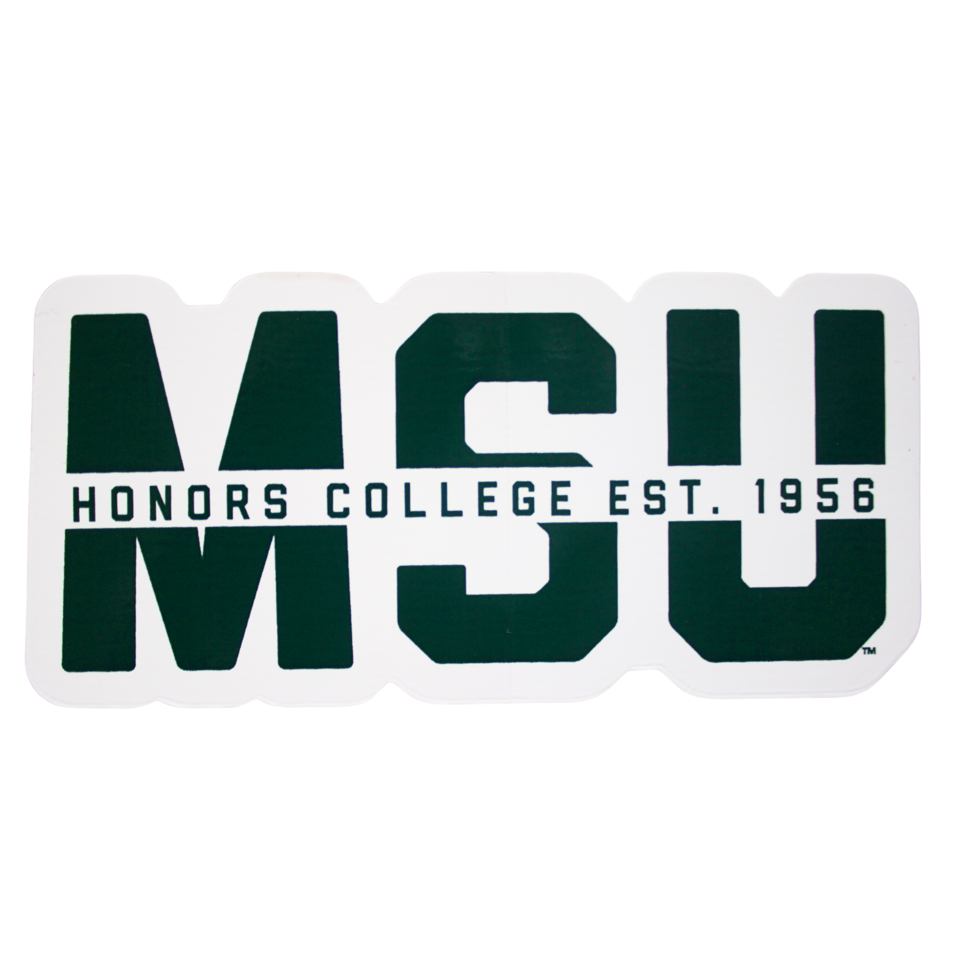 Forest green vinyl sticker outlined in white, featuring MSU block letters. Cutting through the block letters in the center is a white strip with forest green text that reads: “Honors College Est. 1956”.