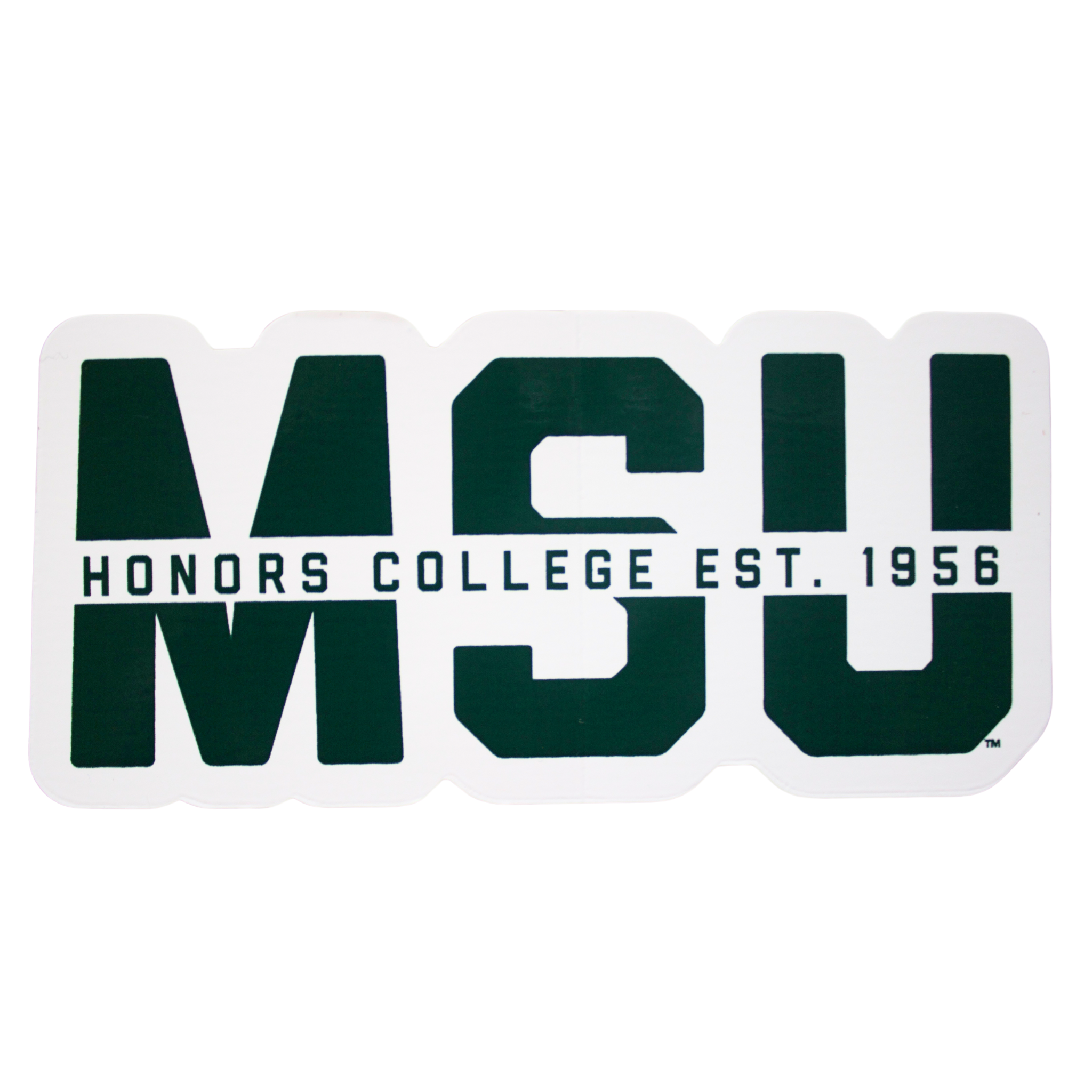 Forest green vinyl sticker outlined in white, featuring MSU block letters. Cutting through the block letters is a white strip with forest green text: “Honors College est. 1956”.