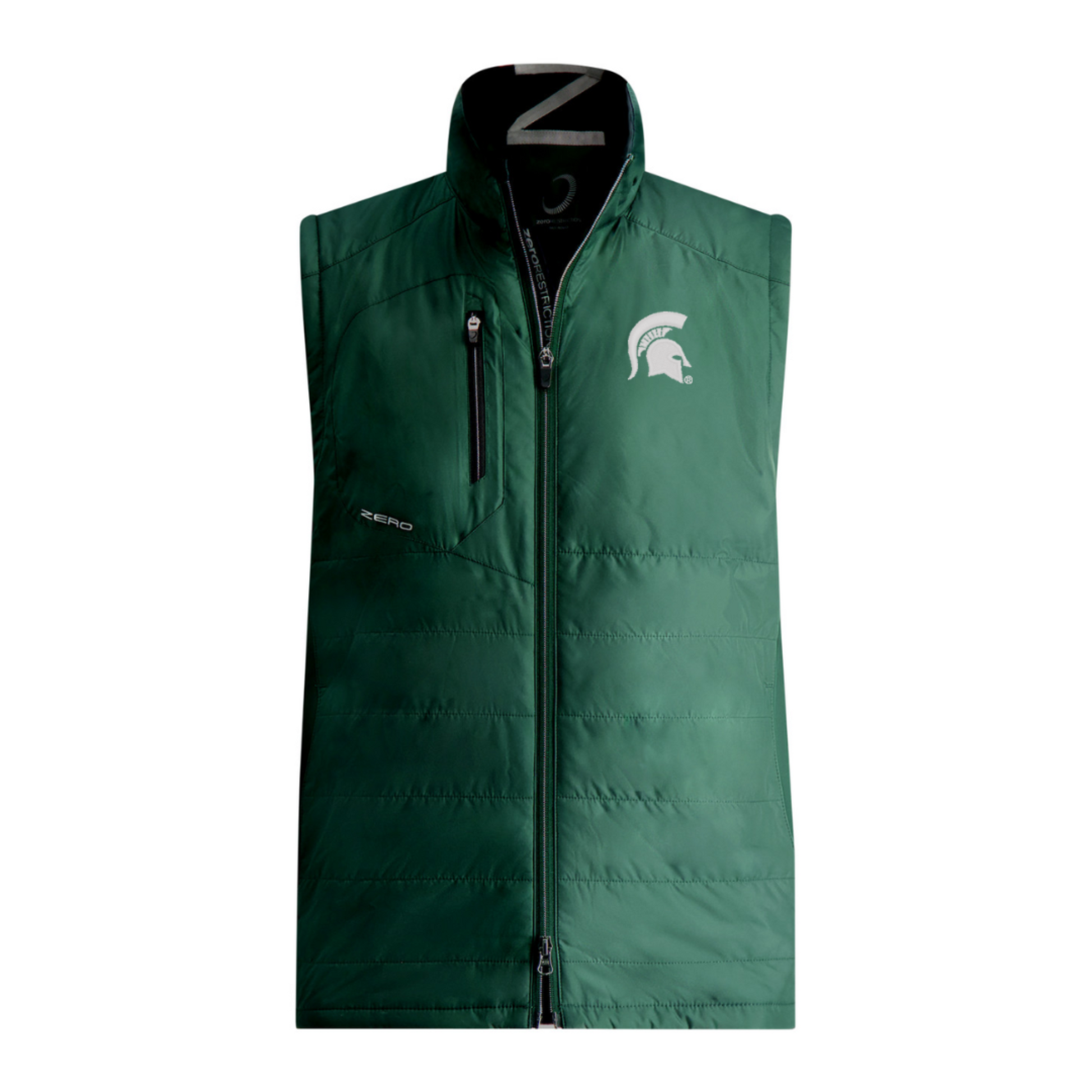 Green sleeveless vest with front zipper, featuring a zippered left chest pocket, a Spartan helmet logo on the left chest.