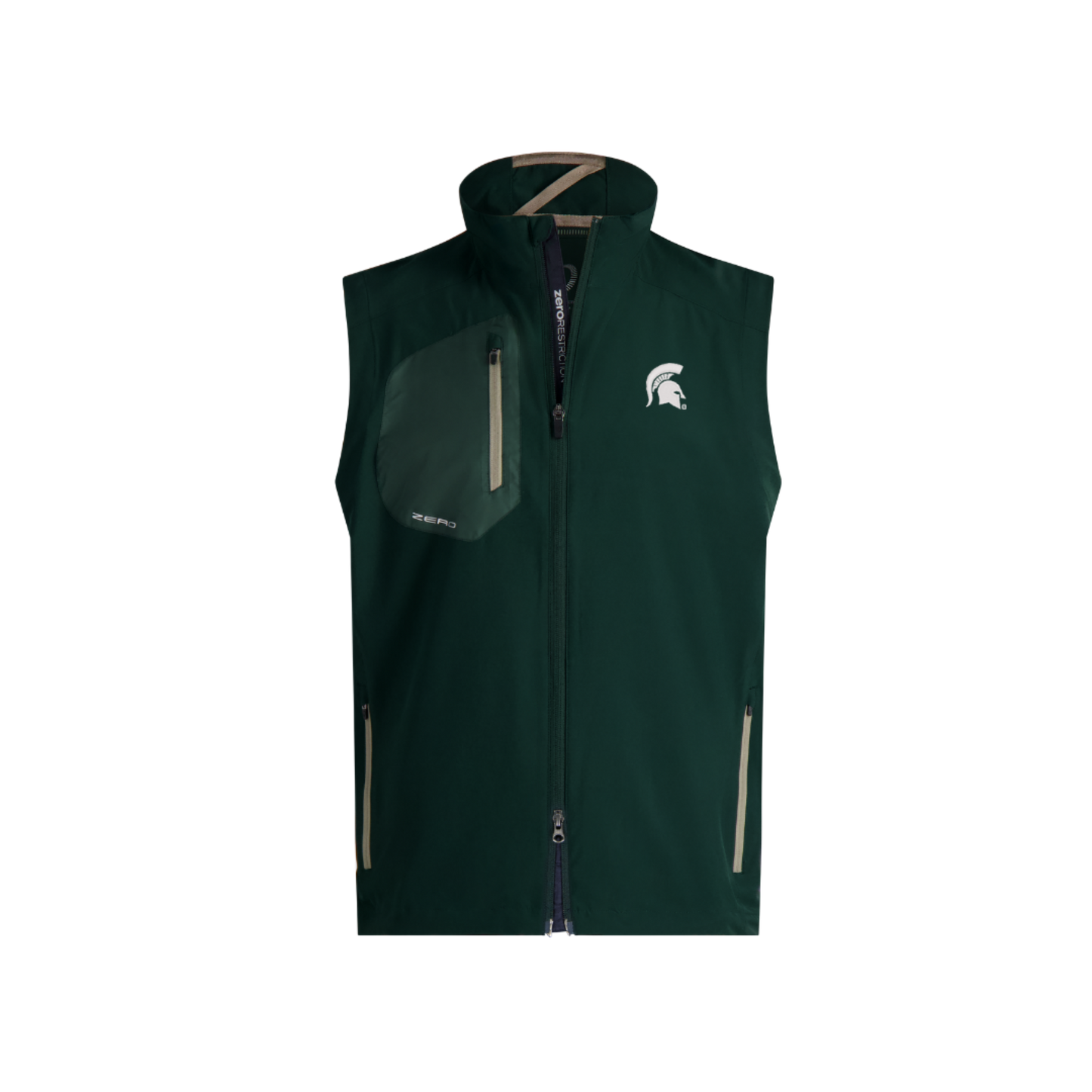 Michigan State Spartans dark green full-zip performance vest featuring a white Spartan helmet logo on the left chest. The sleeveless vest has a stand collar, contrasting zippered chest pocket, two zippered front pockets, and a lightweight water-resistant design, shown against a black background.
