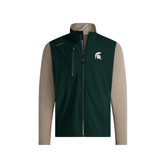 Green base jacket with grey tan sleeves and inner lining. On right chest is a zipper pocket with the word 'zero' in silver to the upper right of pocket. Screen printed in white on left chest is a Spartan helmet logo. 