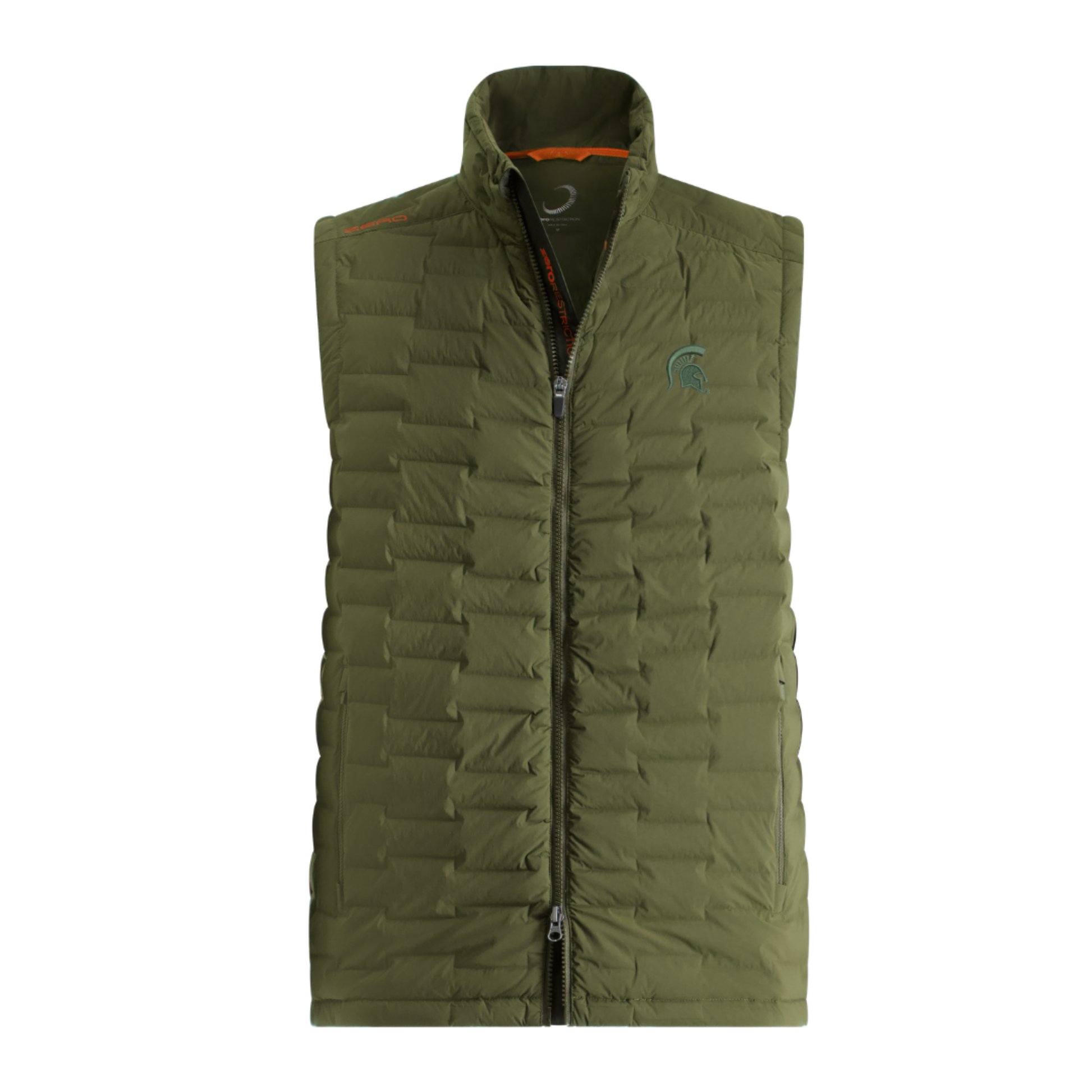 Army green puffer vest. Has orange accents along right collar bone that says 'zero' and the words done the inner zipper. Embroidered on left chest in dark green is a Spartan helmet logo. 